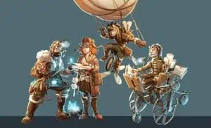 illustrazione colorata di 4 personagi di Soeliok: Nodfri, Eldur, Eira, Gaman