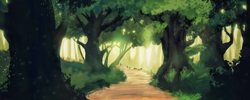 illustrazione di un bosco con sentiero nei verdiconfini liberi