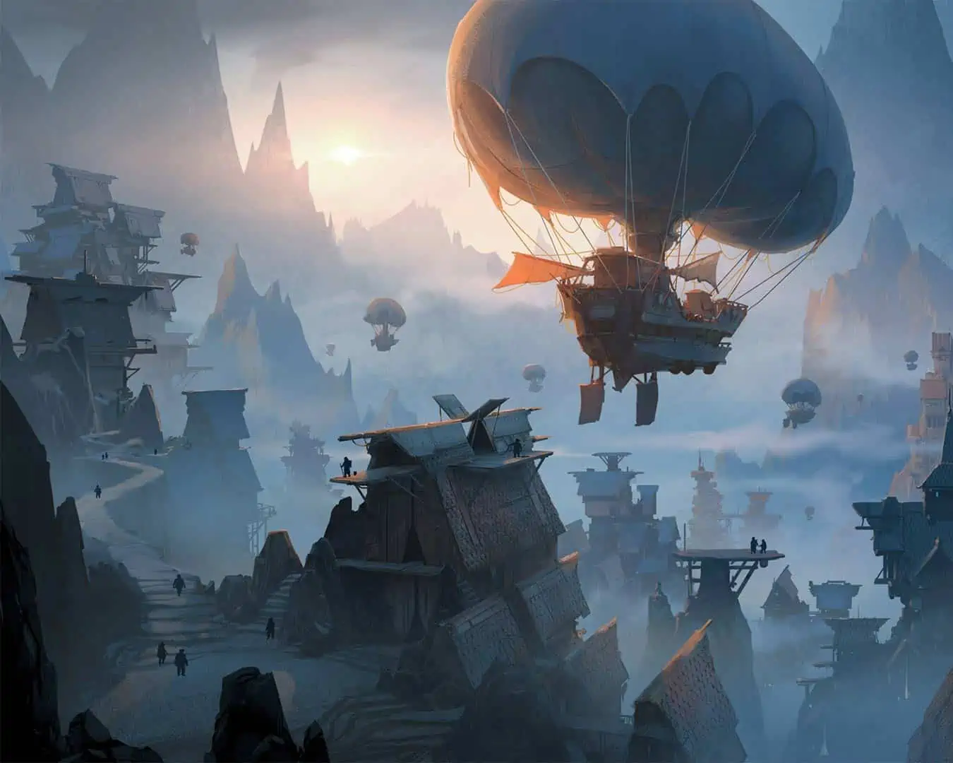 colorful illustration of Fiorderik during sunrise, a flying craft in the foreground