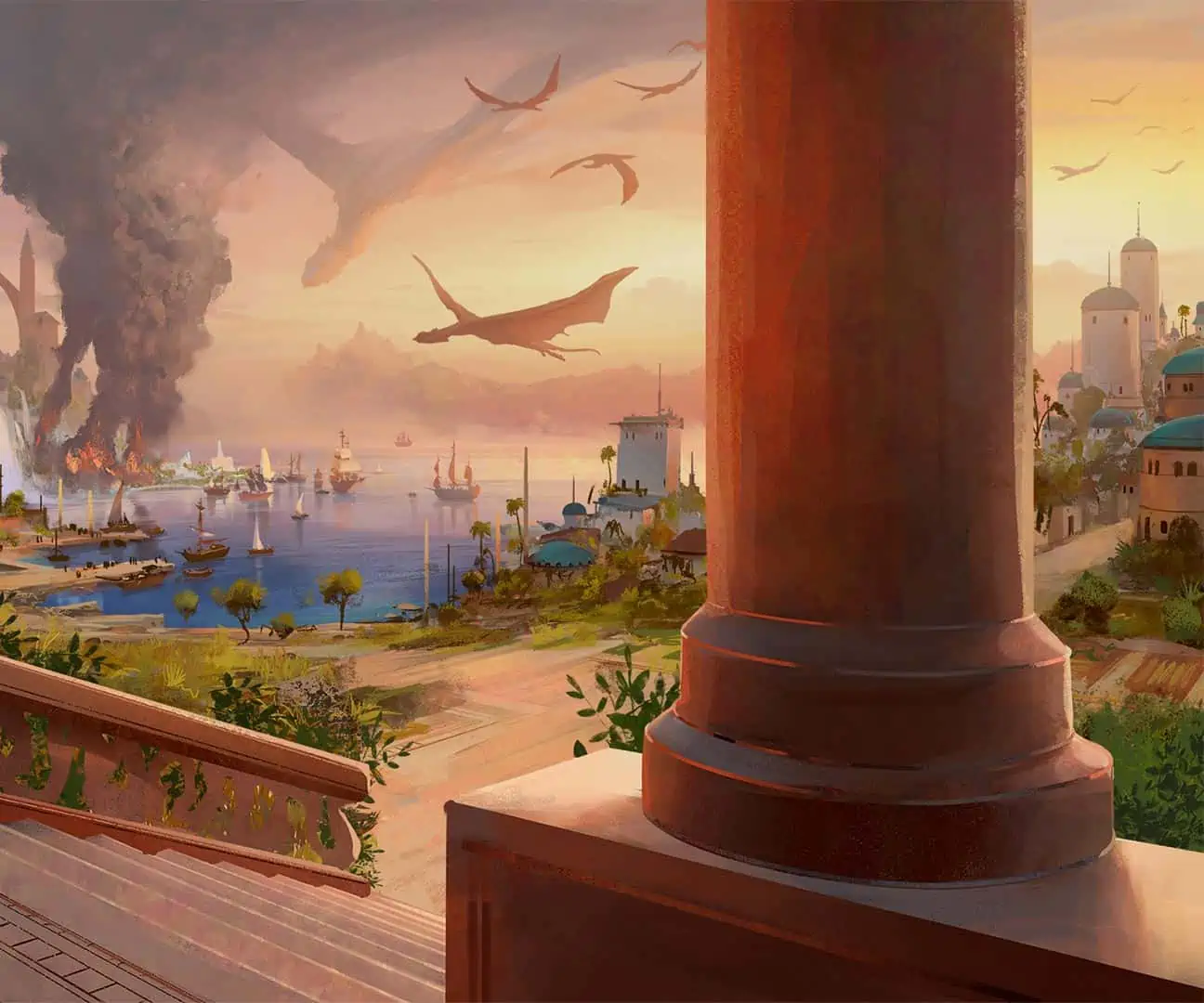 illustration of the capital of glendark with dragons at sunset